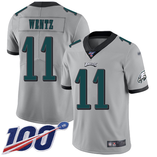 Men Philadelphia Eagles #11 Carson Wentz Limited Silver Inverted Legend NFL Jersey 100th Season Football